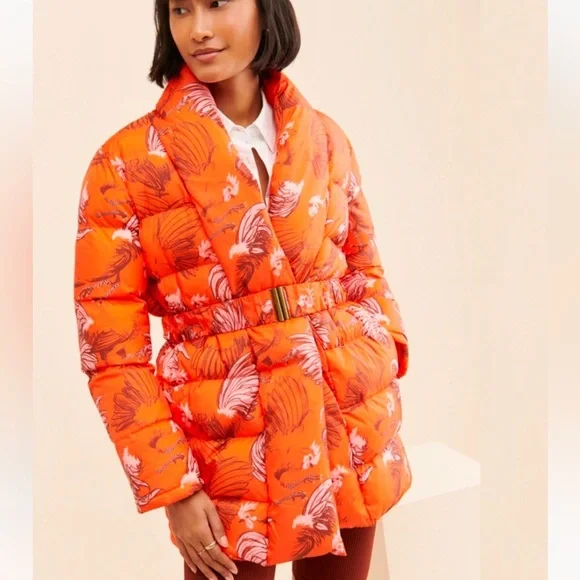 Rachel Antonoff Midi-Length Toni Puffer Jacket Orange Roaster Print - Picture 16 of 16